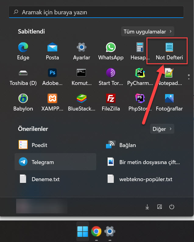 Baslat Menusu Uzerinden Not Defterini Acma Windows 11 31