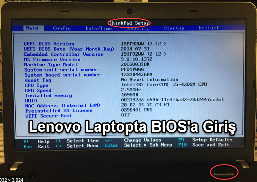 Lenovo Laptopta Biosa Giris 17
