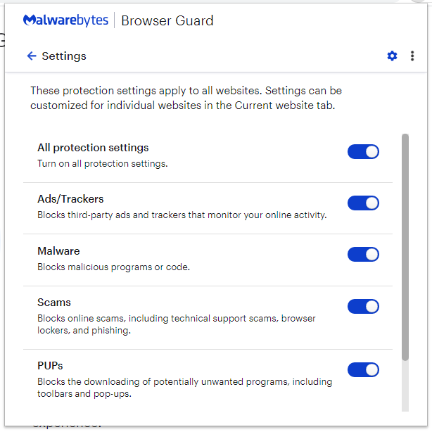 Malwarebytes Free Browser Guard Settings