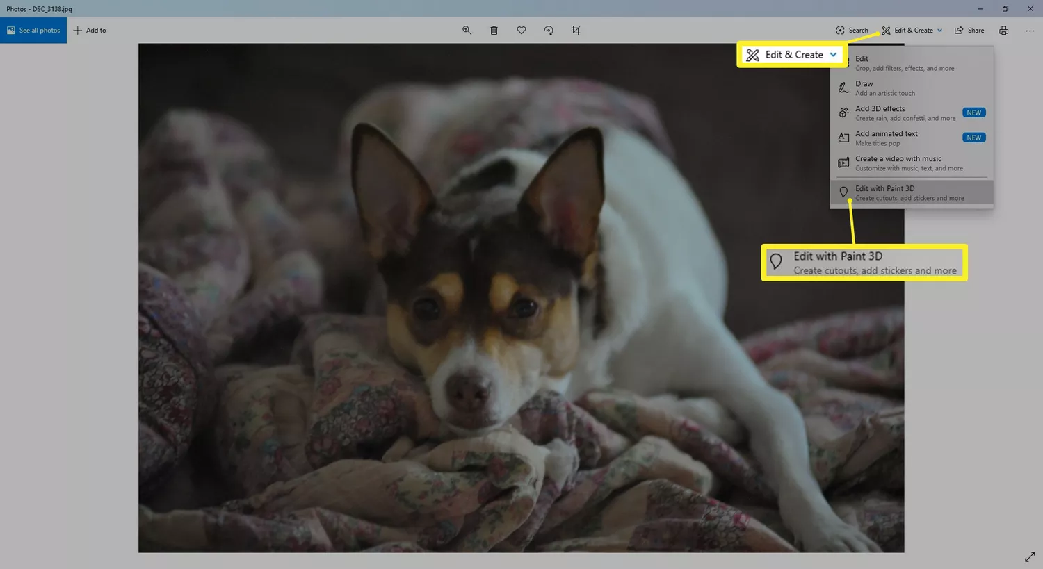 Selecting Create And Edit Options In Windows Photos