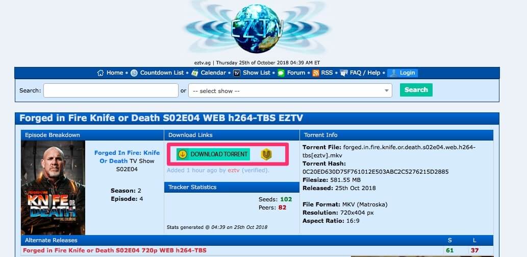 EZTV's torrent download page