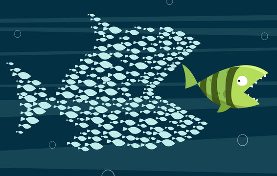 Vecteur Stock Unity of small fish eat big fish: Teamwork concept | Adobe  Stock